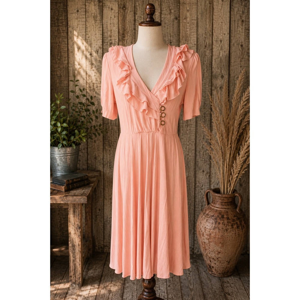 VTG Betsy's Things Pink Ruffle Dress Romantic Cottagecore Midi Dress USA‎ 9/10